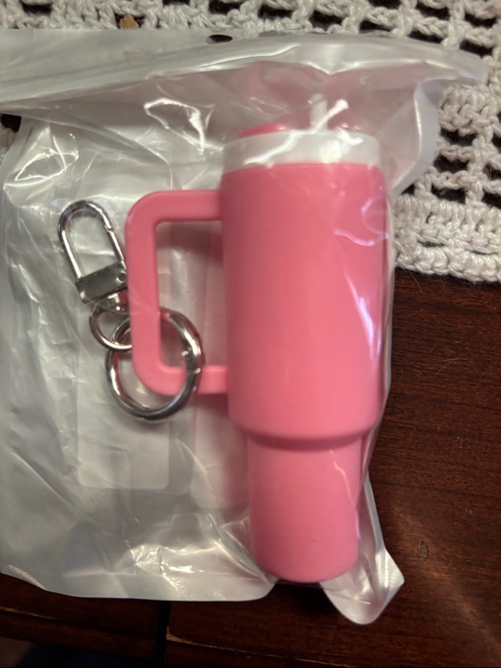 Pink travel cup bag charm/key chain